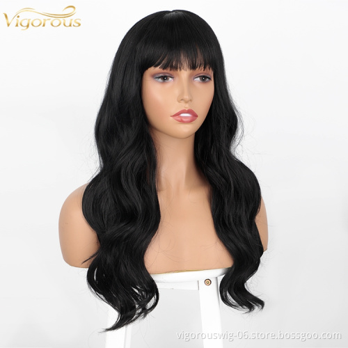 Vigorous wholesale price high quality 22 inch body wave synthetic long body wave hair wigs with bangs for black women